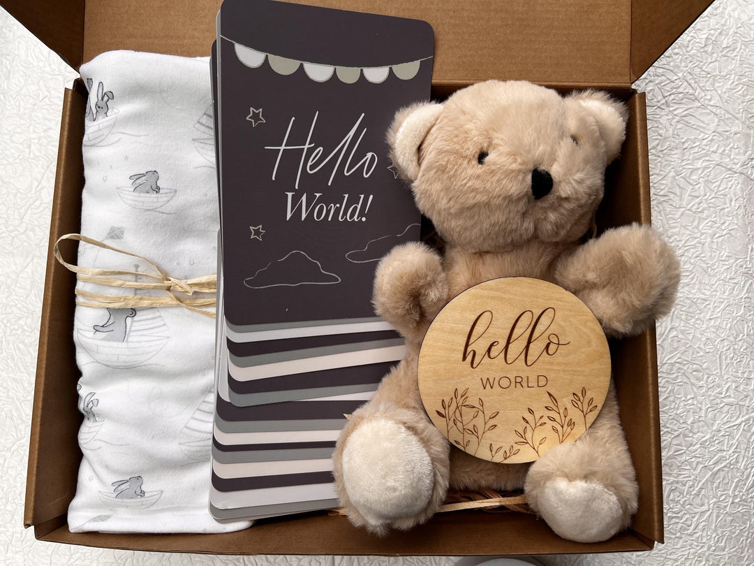 nursery art print baby nursery bedroom decor Newborn Baby Gift Box – Hello World Plaque, Milestone Cards, Teddy Bear Puppet & Swaddle – Baby Shower Hamper, New Mum Gift, Box 7