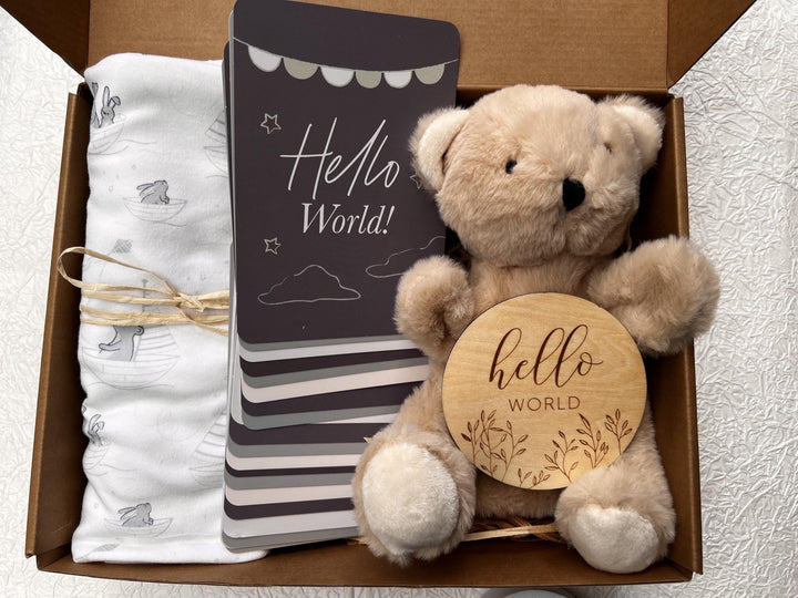 nursery art print baby nursery bedroom decor Newborn Baby Gift Box – Hello World Plaque, Milestone Cards, Teddy Bear Puppet & Swaddle – Baby Shower Hamper, New Mum Gift, Box 7