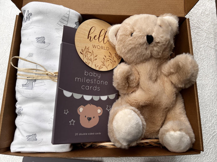 nursery art print baby nursery bedroom decor Newborn Baby Gift Box – Hello World Plaque, Milestone Cards, Teddy Bear Puppet & Swaddle – Baby Shower Hamper, New Mum Gift, Box 7