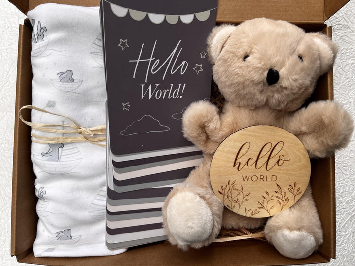 nursery art print baby nursery bedroom decor Newborn Baby Gift Box – Hello World Plaque, Milestone Cards, Teddy Bear Puppet & Swaddle – Baby Shower Hamper, New Mum Gift, Box 7