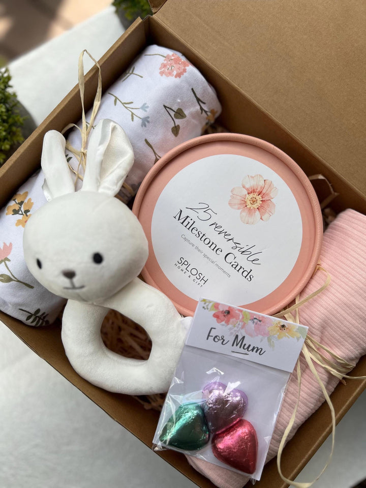 nursery art print baby nursery bedroom decor Newborn Baby Gift Box – Milestone Cards, Bunny Rattle, Swaddle Set & Mum Treats – Baby Shower Hamper, New Mum Gift - Box 5