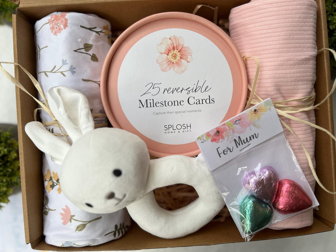 nursery art print baby nursery bedroom decor Newborn Baby Gift Box – Milestone Cards, Bunny Rattle, Swaddle Set & Mum Treats – Baby Shower Hamper, New Mum Gift - Box 5
