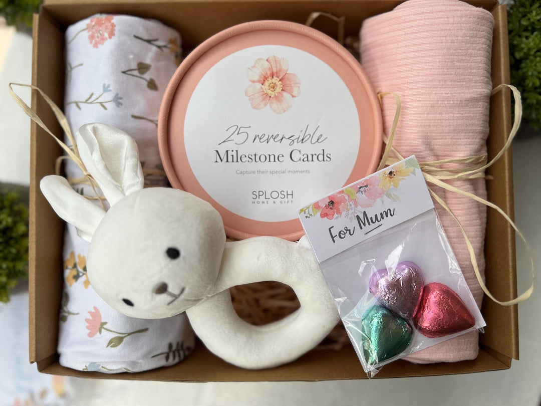 nursery art print baby nursery bedroom decor Newborn Baby Gift Box – Milestone Cards, Bunny Rattle, Swaddle Set & Mum Treats – Baby Shower Hamper, New Mum Gift - Box 5