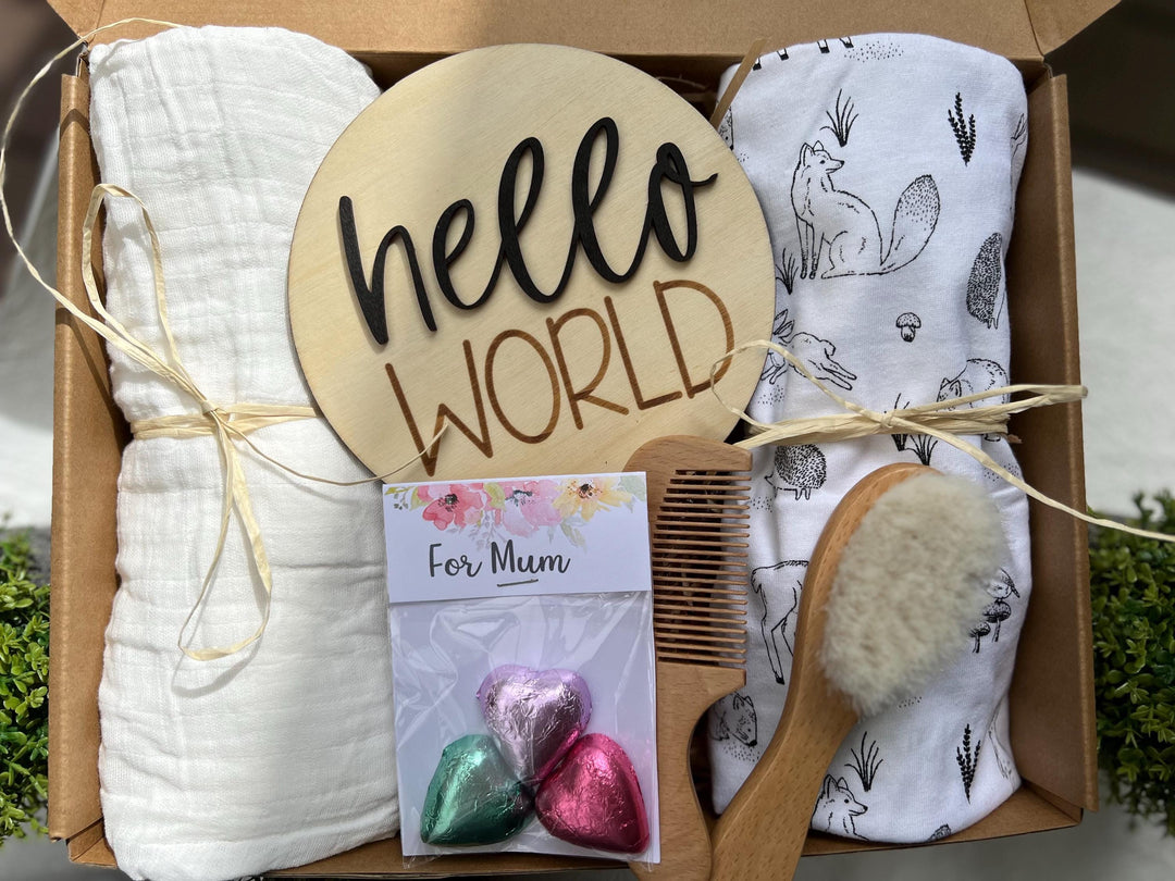 nursery art print baby nursery bedroom decor Newborn Baby Gift Box Set – Hello World Plaque, Swaddles, Baby Brush & Comb – Baby Shower Hamper, New Mum Gift, Neutral Baby Basket - Box-4