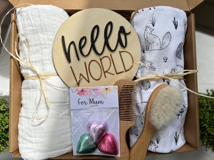 nursery art print baby nursery bedroom decor Newborn Baby Gift Box Set – Hello World Plaque, Swaddles, Baby Brush & Comb – Baby Shower Hamper, New Mum Gift, Neutral Baby Basket - Box-4