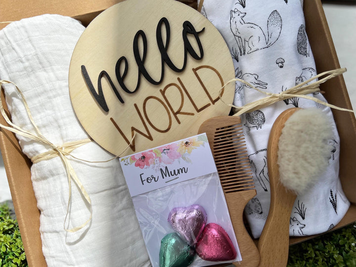nursery art print baby nursery bedroom decor Newborn Baby Gift Box Set – Hello World Plaque, Swaddles, Baby Brush & Comb – Baby Shower Hamper, New Mum Gift, Neutral Baby Basket - Box-4