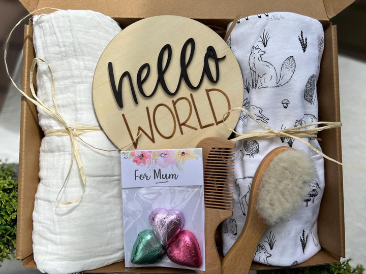 nursery art print baby nursery bedroom decor Newborn Baby Gift Box Set – Hello World Plaque, Swaddles, Baby Brush & Comb – Baby Shower Hamper, New Mum Gift, Neutral Baby Basket - Box-4
