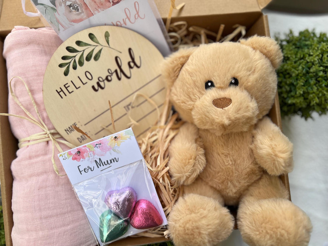 nursery art print baby nursery bedroom decor Newborn Baby Gift Box Set – Hello World Plaque, Teddy Bear, Swaddle & Mum Treats – Baby Shower Gift - New Mum Hamper - Box-3
