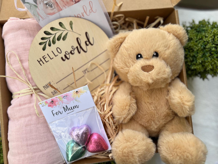 nursery art print baby nursery bedroom decor Newborn Baby Gift Box Set – Hello World Plaque, Teddy Bear, Swaddle & Mum Treats – Baby Shower Gift - New Mum Hamper - Box-3