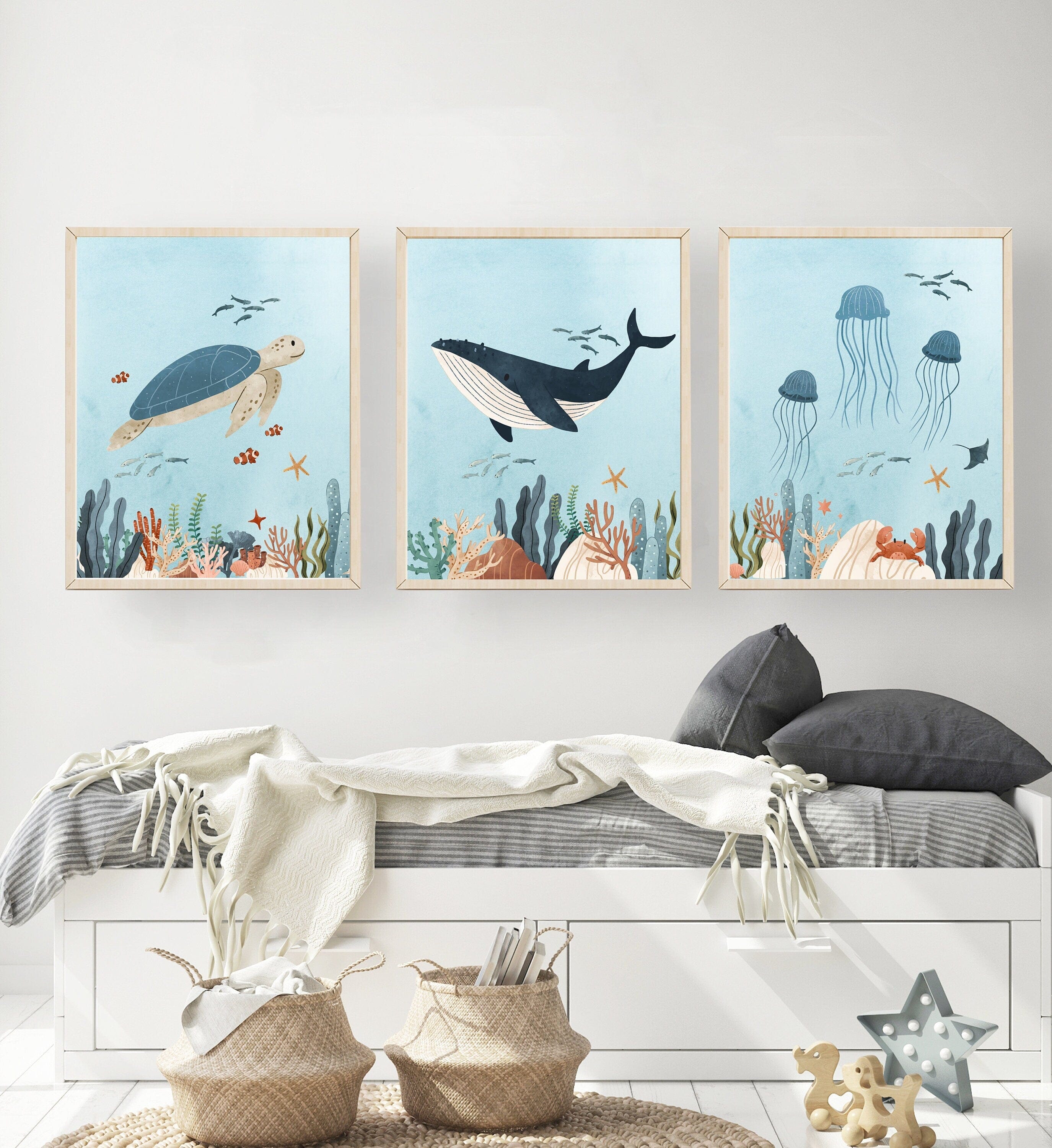 nursery art print baby nursery bedroom decor Ocean Nursery Digital Prints - Nursery wall art - Under the sea prints - Whale - Turtle - Jellyfish - H2944