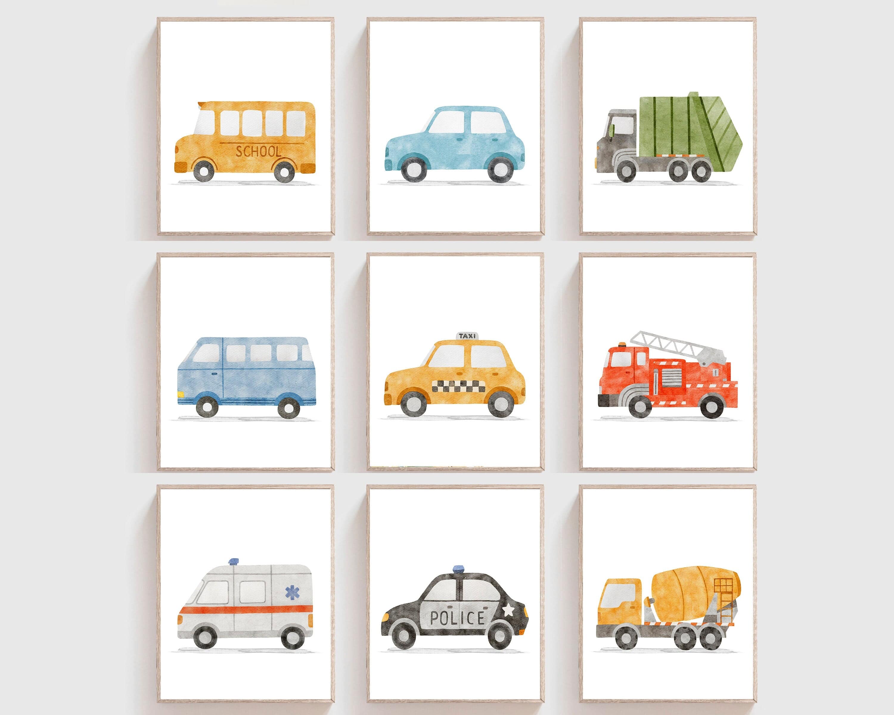 nursery art print baby nursery bedroom decor Transport Nursery Prints, Boy Room Wall Art, Boy Nursery Cars Decor, Cars Trucks Bus Vehicles Playroom Set of 9 Posters, Digital file H2971