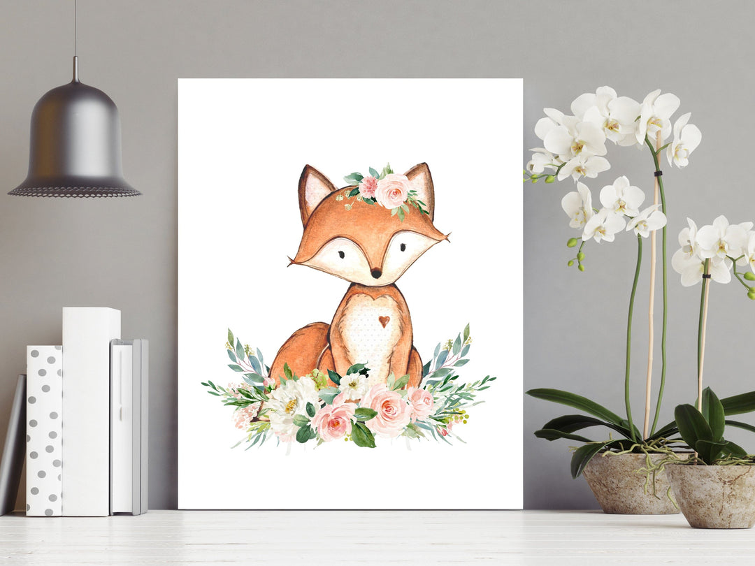 nursery art print baby nursery bedroom decor Fox wall art - Printable wall art - Nursery decor - Blush pink floral crown - woodland animal art - Baby girl art - Fox print - H1937