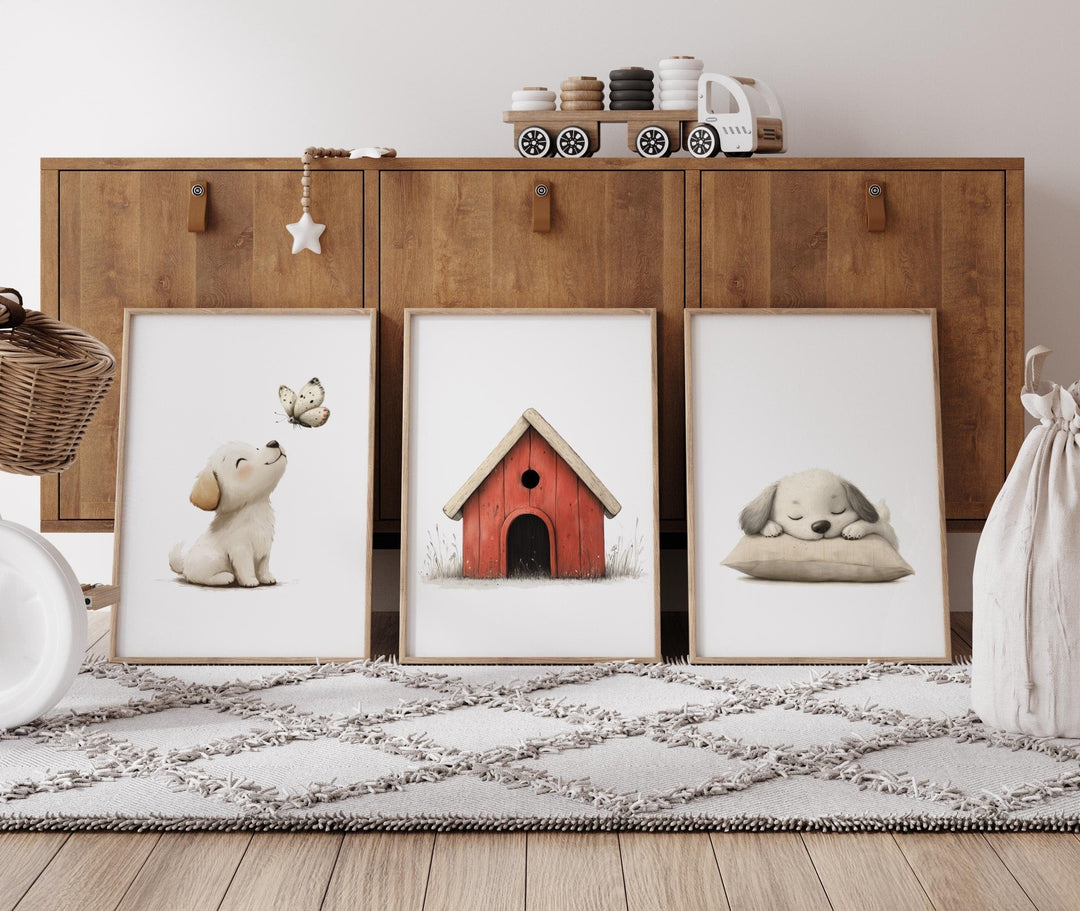 nursery art print baby nursery bedroom decor Nursery Dog Prints Set of 6, Puppy nursery prints, gifts for kids, Watercolor puppy and kennel, instant download, original art,  H3189