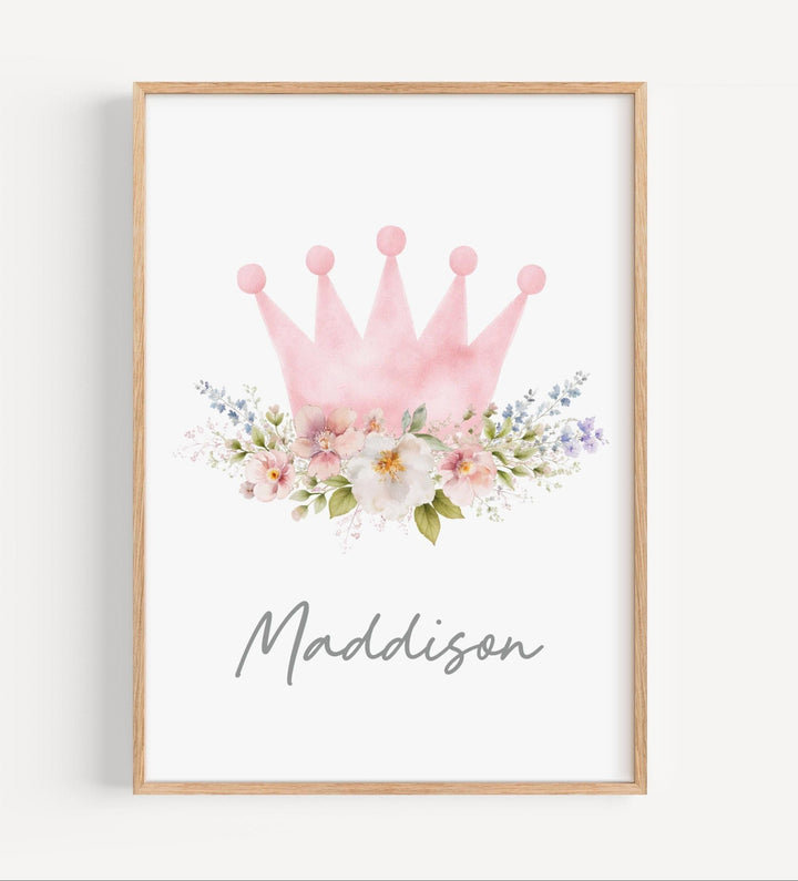 nursery art print baby nursery bedroom decor Personalized Pink Crown Name Print, Watercolor Princess Nursery Wall Art, Girl Room Decor, Printable or Framed Print in the USA, H3567