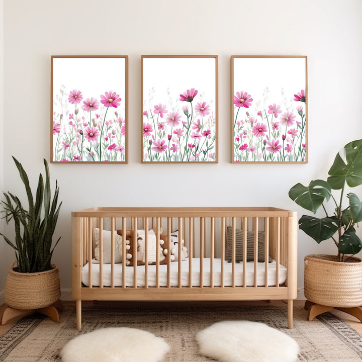 nursery art print baby nursery bedroom decor Pink Wildflower Wall Art Set – Botanical Floral Printable Trio – Digital Download for Nursery or Bedroom Decor - H3148