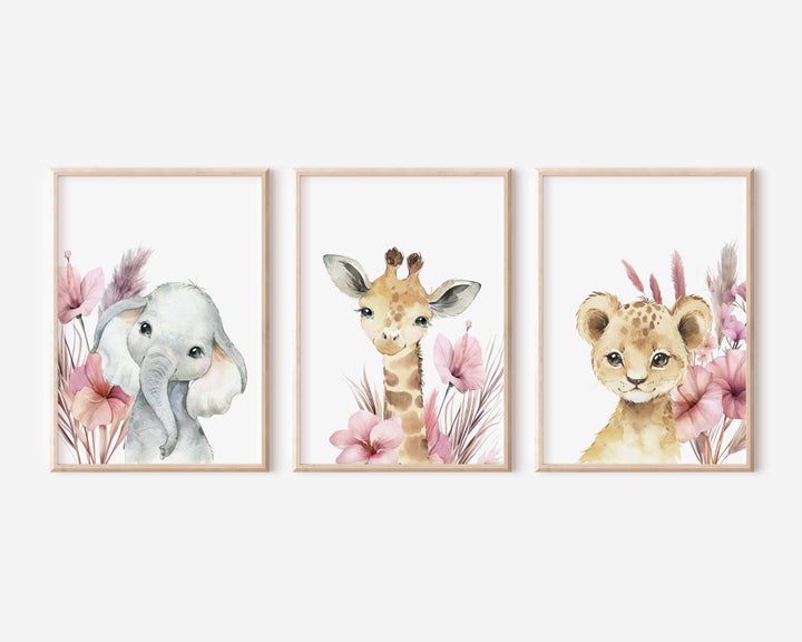 nursery art print baby nursery bedroom decor Safari Baby Animal Wall Art Set – Elephant, Giraffe & Lion Nursery Prints – Pink Floral Digital Download -h3055
