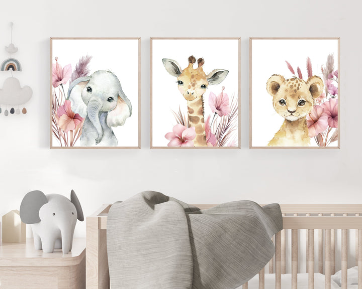 nursery art print baby nursery bedroom decor Safari Baby Animal Wall Art Set – Elephant, Giraffe & Lion Nursery Prints – Pink Floral Digital Download -h3055