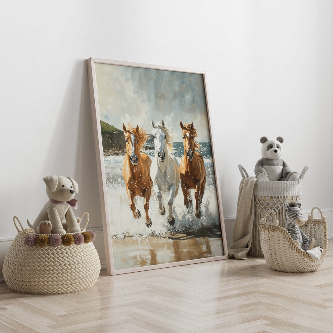 nursery art print baby nursery bedroom decor Western Style Horses Print, Horse Nursery Printable Art,  Coastal Horses in the Ocean Poster, farmhouse decor, elegant horse wall art, H3217