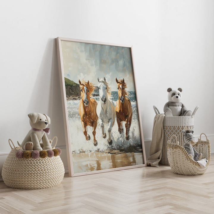 nursery art print baby nursery bedroom decor Western Style Horses Print, Horse Nursery Printable Art,  Coastal Horses in the Ocean Poster, farmhouse decor, elegant horse wall art, H3217