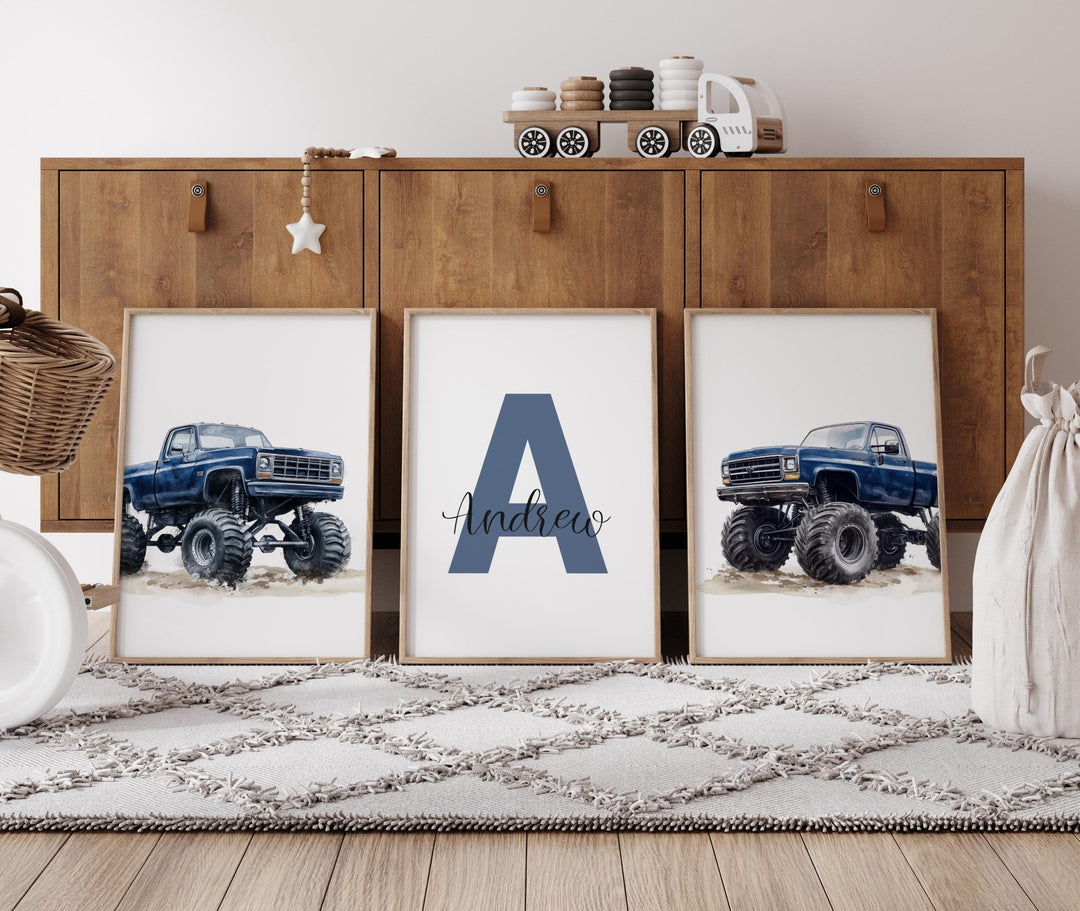 nursery art print baby nursery bedroom decor Personalized Monster Truck Nursery Prints - Custom Name Wall Art for Boys Room, Blue Off-Road Truck Decor, Initial Poster Set, Printable