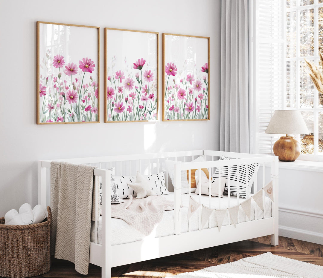 nursery art print baby nursery bedroom decor Pink Wildflower Art Set of 3, Flower Art, Modern Floral Prints, Daisy Wildflower Print Set of 3, Printable Wall Art Posters, H3148