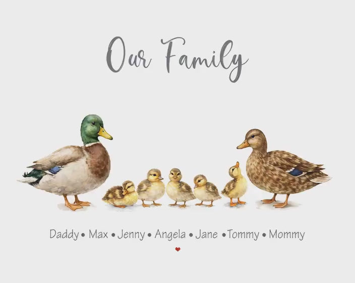 Personalized Family Duck Print, Custom Family Portrait, Animal Nursery Wall Art, Cute Animal Family Illustration, Custom Family Gift, H3566