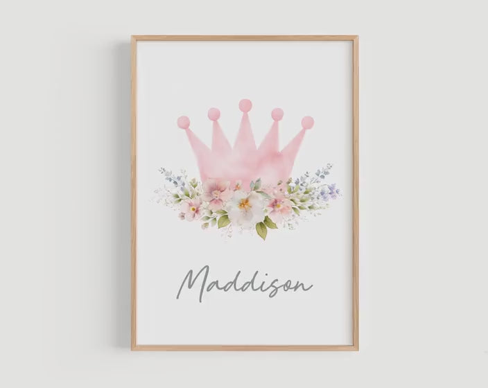 Personalized Pink Crown Name Print, Watercolor Princess Nursery Wall Art, Girl Room Decor, Printable or Framed Print in the USA, H3567