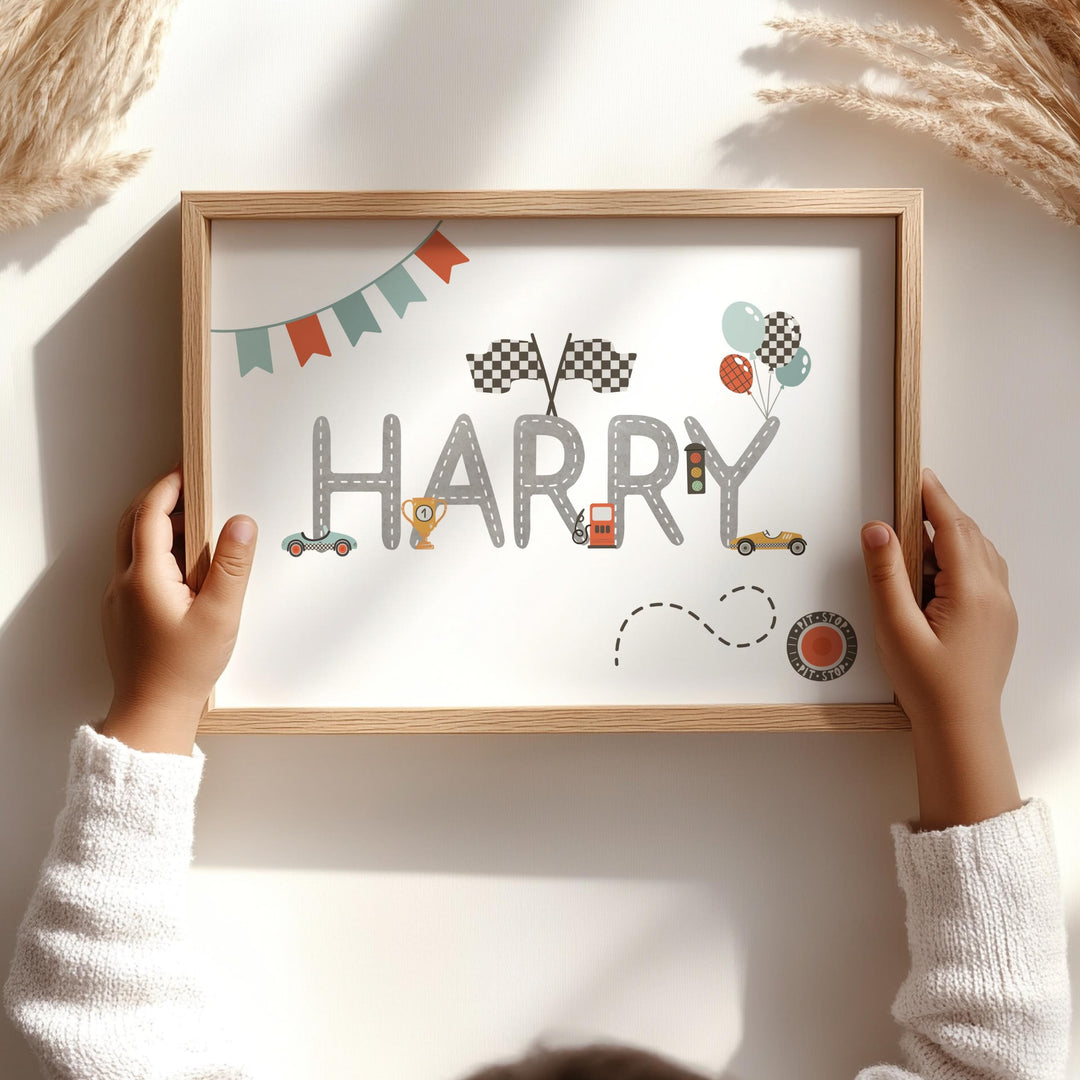nursery art print baby nursery bedroom decor Racing Name Print – Custom Boys Room Wall Art – Car Theme Nursery Decor – Personalized Digital Download – Optional Printed Upgrade - H3485
