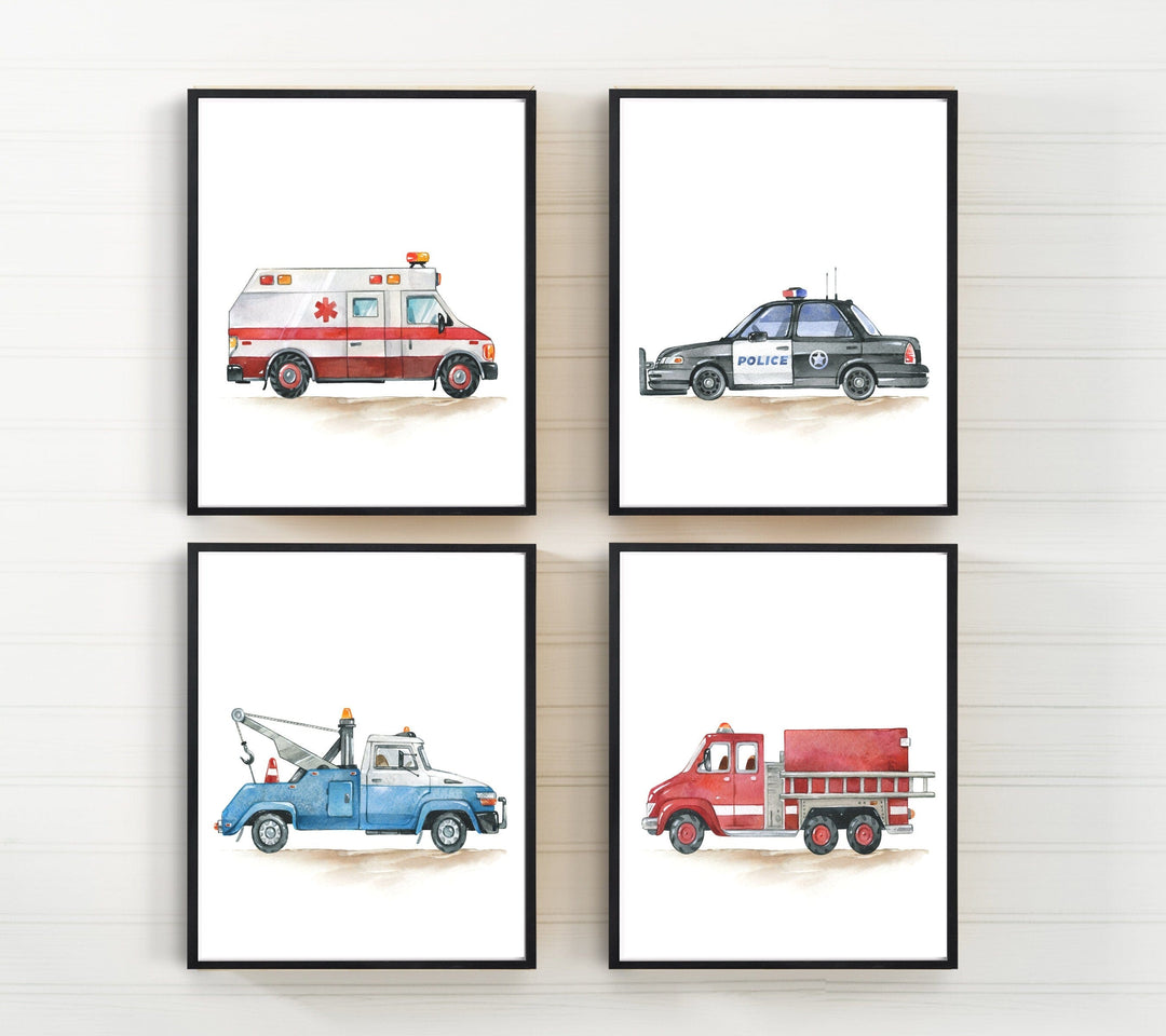 nursery art print baby nursery bedroom decor Rescue vehicle prints - Boys wall art decor - Emergency vehicle prints - Boys room decor - Fire truck print - Police car picture - Set of 4