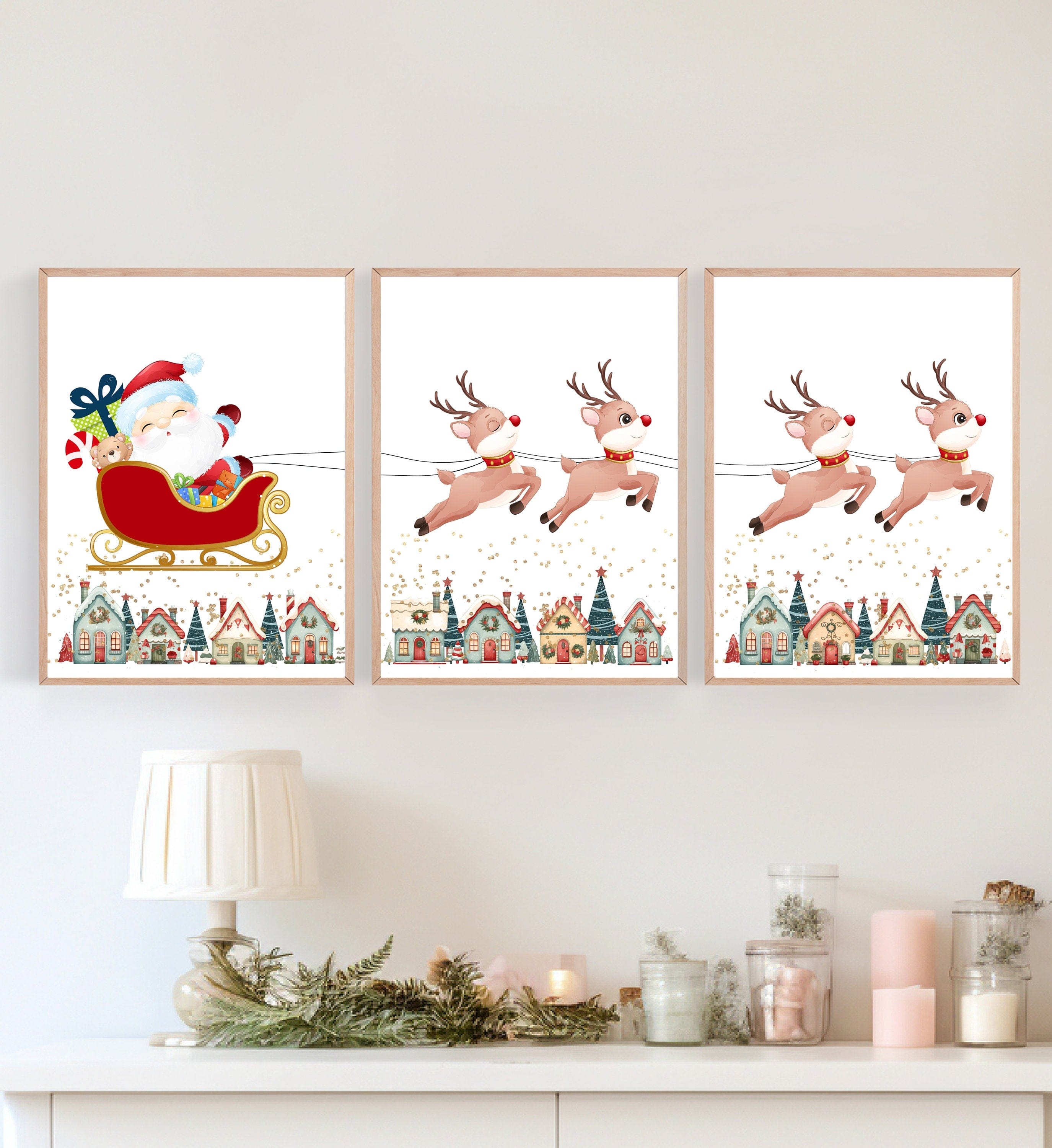 nursery art print baby nursery bedroom decor Santa Claus with a sleigh Prints, Christmas Wall Art Print, Christmas Print Set of 3, Santa Claus Reindeer, Kids Christmas DIGITAL DOWNLOAD