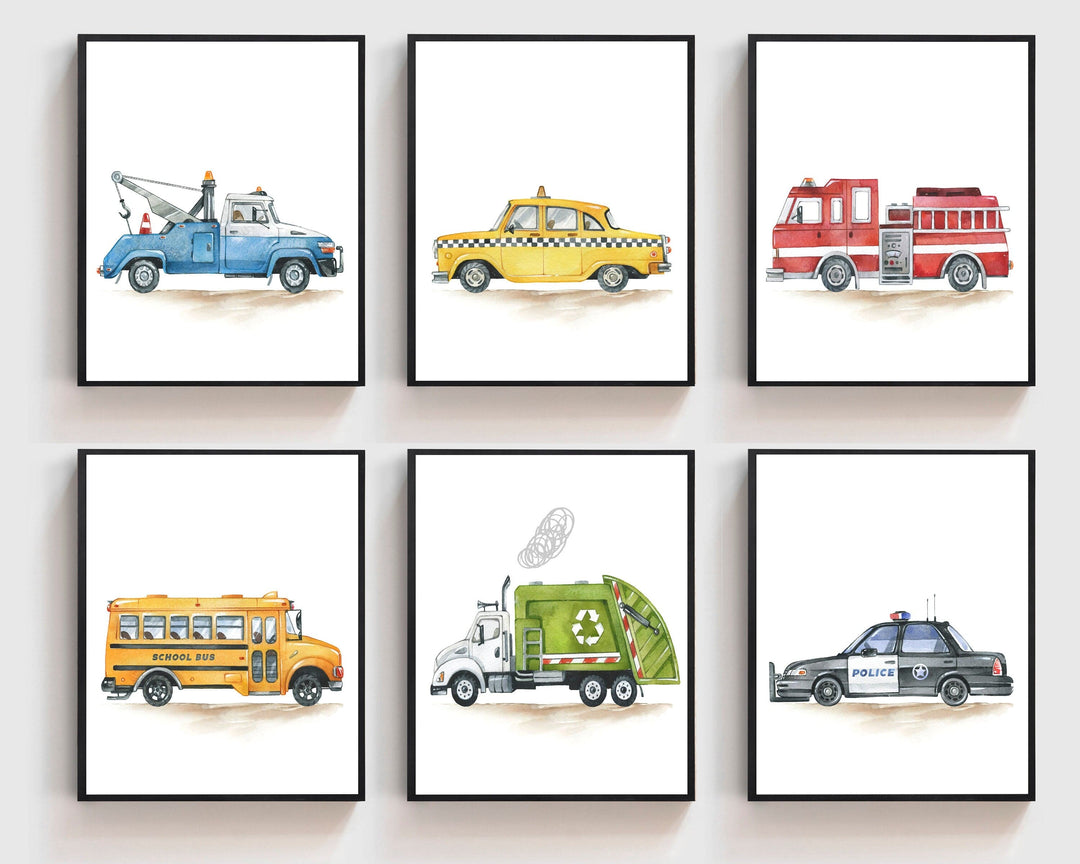 nursery art print baby nursery bedroom decor Vehicle prints - Boy nursery art - Boy room wall decor -  Car nursery print - Boy room prints - Fire truck print - Police - Garbage truck