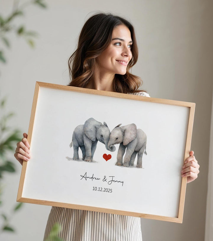 nursery art print baby nursery bedroom decor Elephant Couple Art Personalized Print • Custom Names & Date • Anniversary Gift • Wedding Gift • Digital or Framed Wall Art - H3540