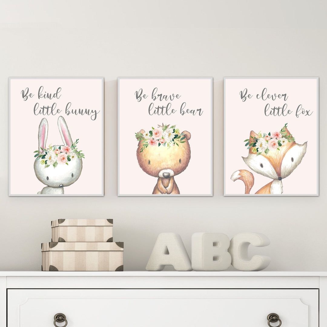 nursery art print baby nursery bedroom decor Woodland Nursery art - Girl woodland nursery decor - Floral woodland animal prints - Baby girl woodland nursery - Nursery wall art - H1846