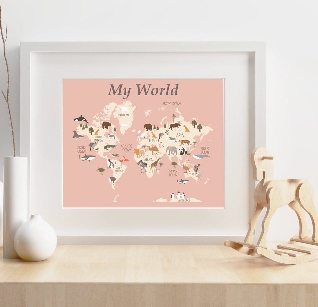 nursery art print baby nursery bedroom decor World map wall art - Kids map pink - World map decor - Animal world map print - Kids room map - Kids world map - Printable world map - H2296