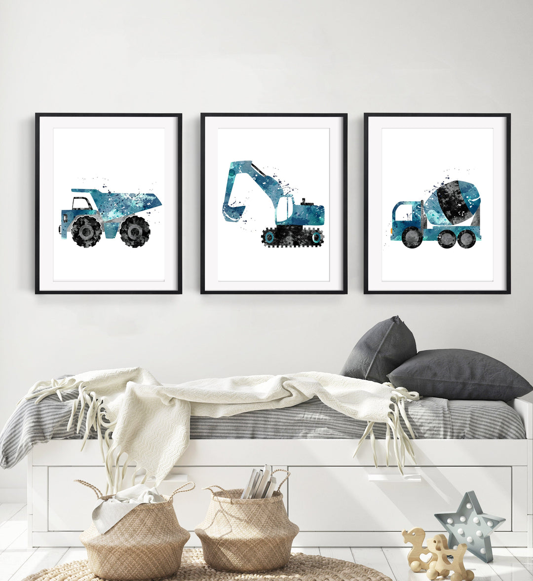 nursery art print baby nursery bedroom decor Watercolor construction vehicle - construction truck wall art - Blue nursery decor - Boy room decor - Nursery truck wall art - DIGITAL