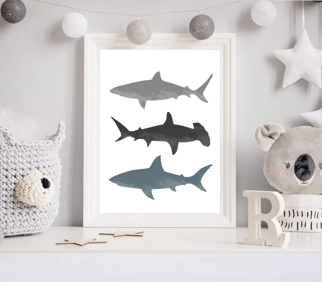 nursery art print baby nursery bedroom decor Boys Shark decor -  Shark wall art - Shark bathroom decor - Shark printable - Boys bedroom prints - Nautical nursery  - Bathroom shark