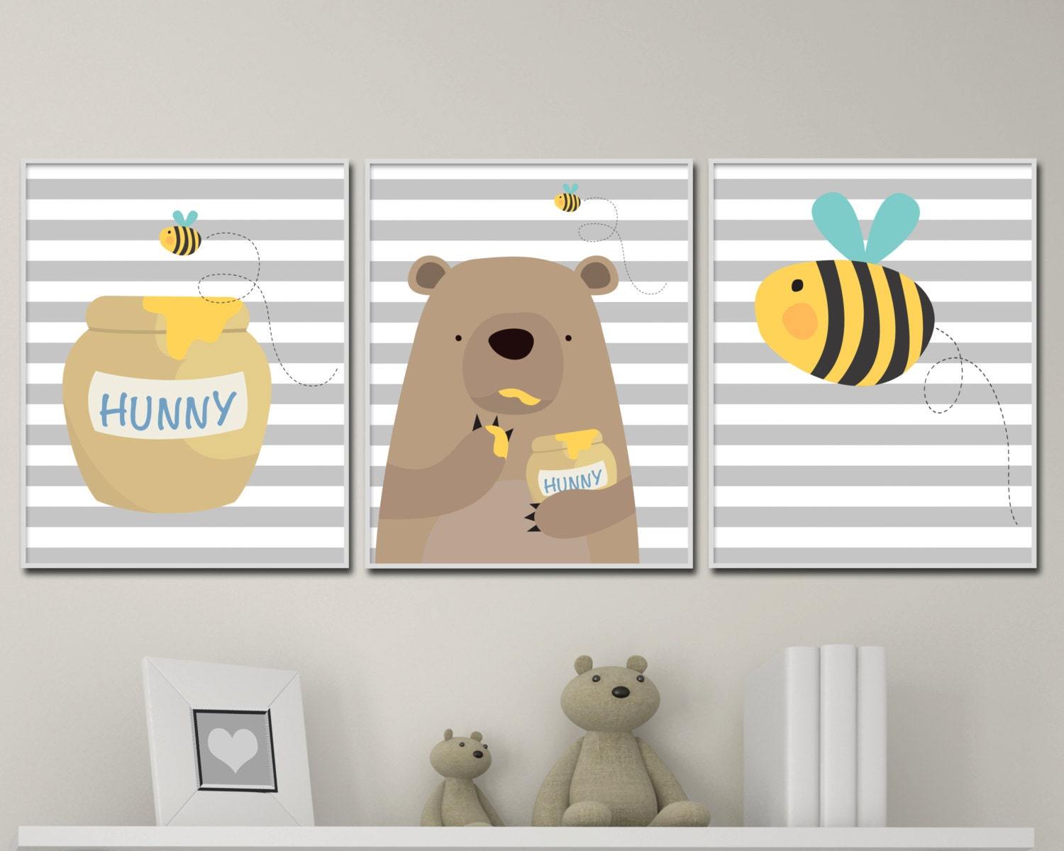 nursery art print baby nursery bedroom decor Baby Boy Nursery Art Print, Bear and Bee Nursery Art Suits Yellow Grey Nursery and Bedroom Bear Decor- H123