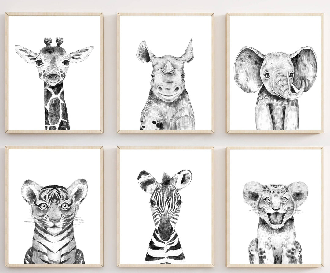 nursery art print baby nursery bedroom decor Black and white Animal prints - nursery animal wall art prints - Black and white wall art - Printable wall art - Jungle nursery print - 2054