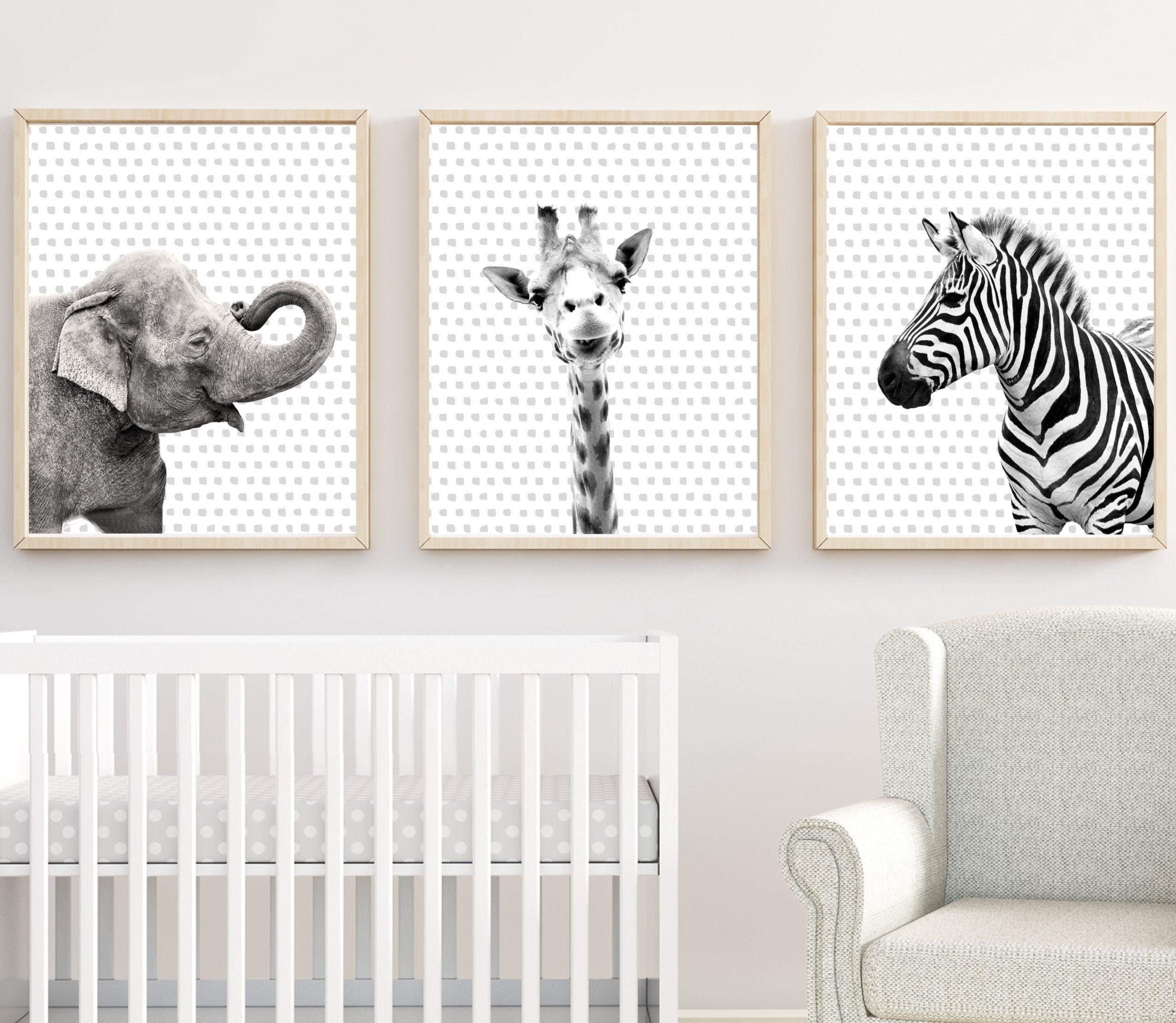 Black and White Safari Animals, Nursery Art Print Set, black and white animal art, Zebra, Elephant, Giraffe Wall Art Prints  -  H1498 nursery art print baby nursery bedroom decor