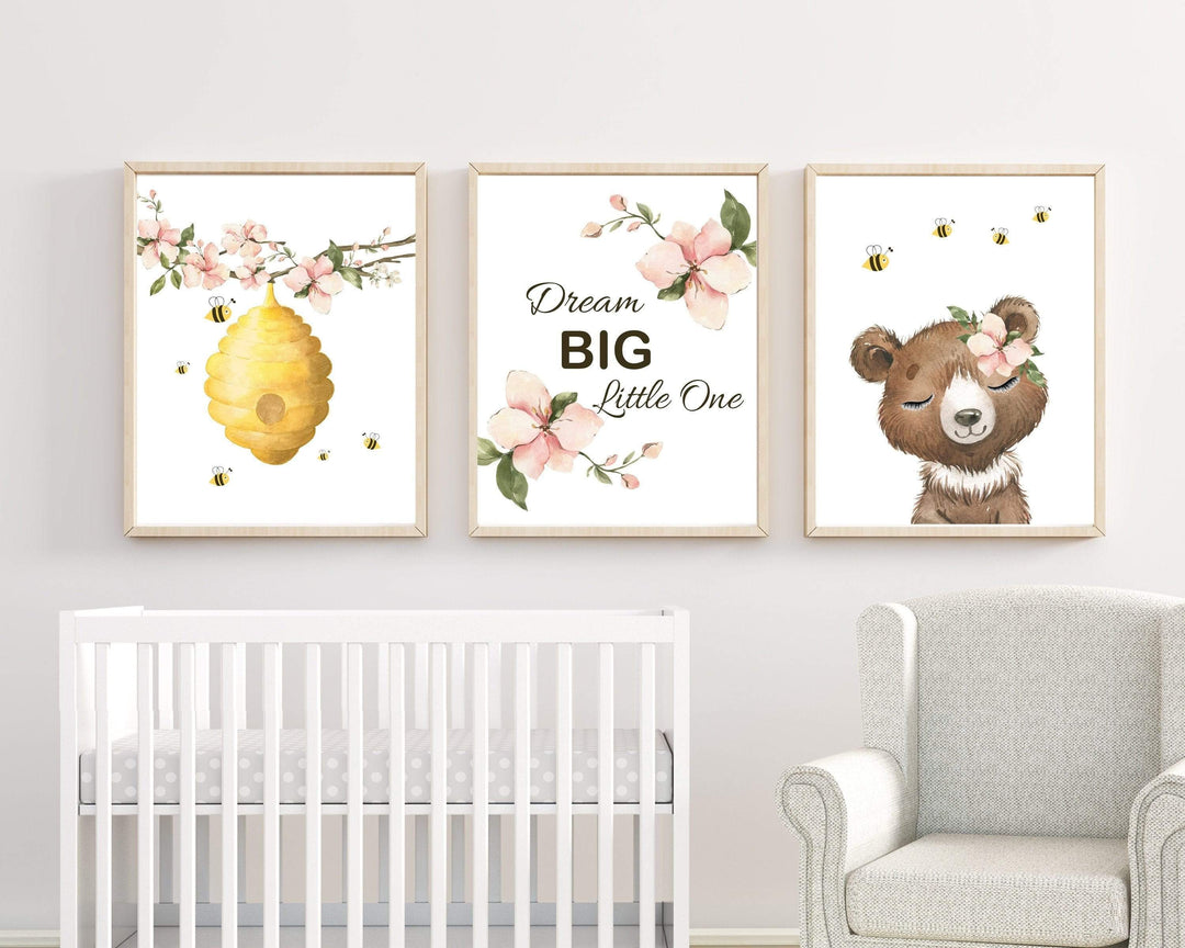 Bumble Bee nursery decor - Bear and bee - Honey bee nursery - Girl nursery decor - Bumble bee wall art - Pink nursery decor - Bee art print nursery art print baby nursery bedroom decor