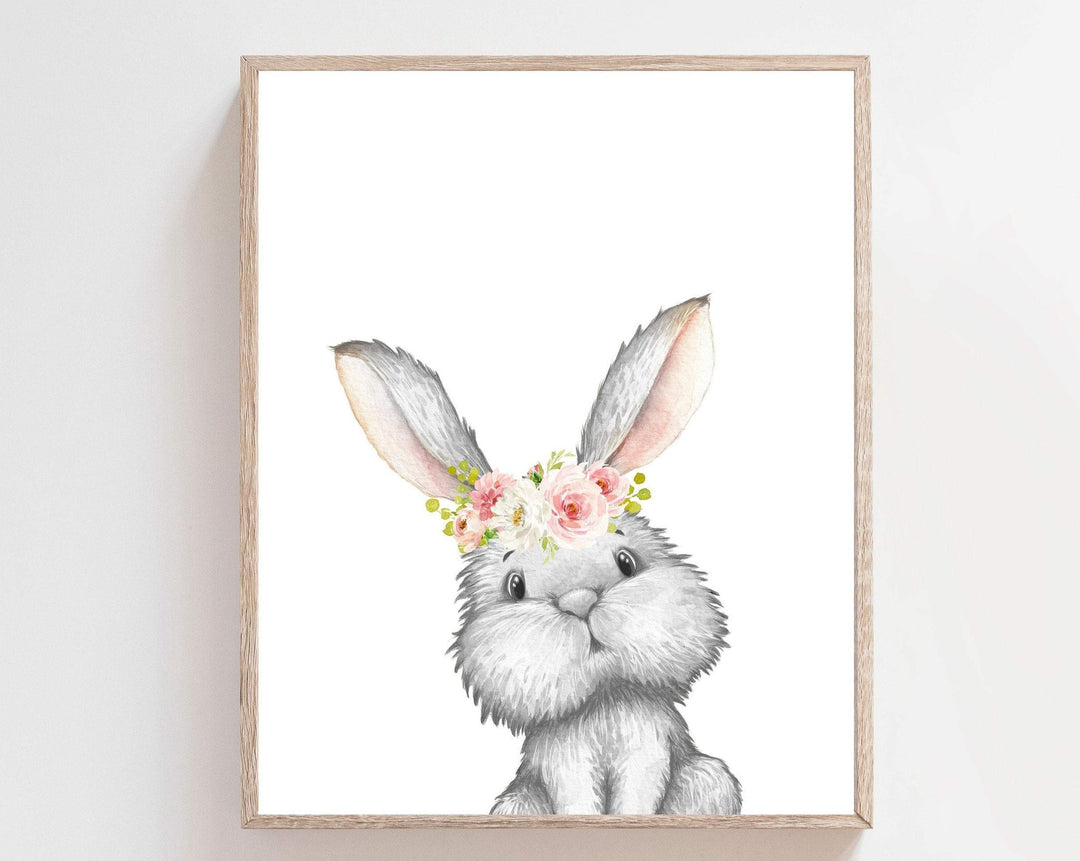Bunny flower crown wall art - Watercolor bunny prints - Pink nursery decor - Nursery bunny decor - Girls room decor - Rabbit nursery print nursery art print baby nursery bedroom decor