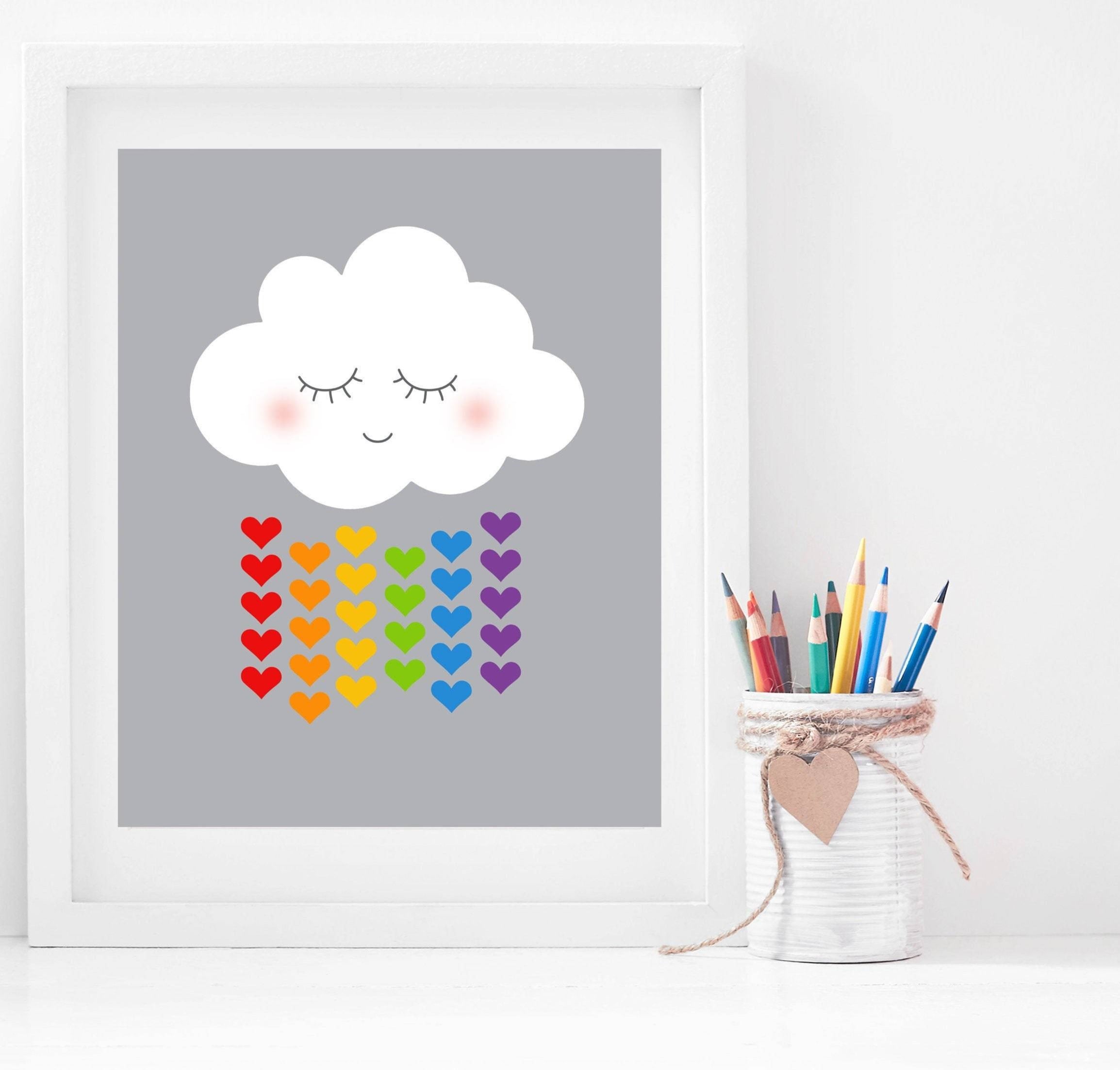 nursery art print baby nursery bedroom decor Cloud art print - Cloud and raindrops - Cloud with face - Smiling Cloud - Cloud wall art - Rain cloud art - Cloud hearts print -  H1610
