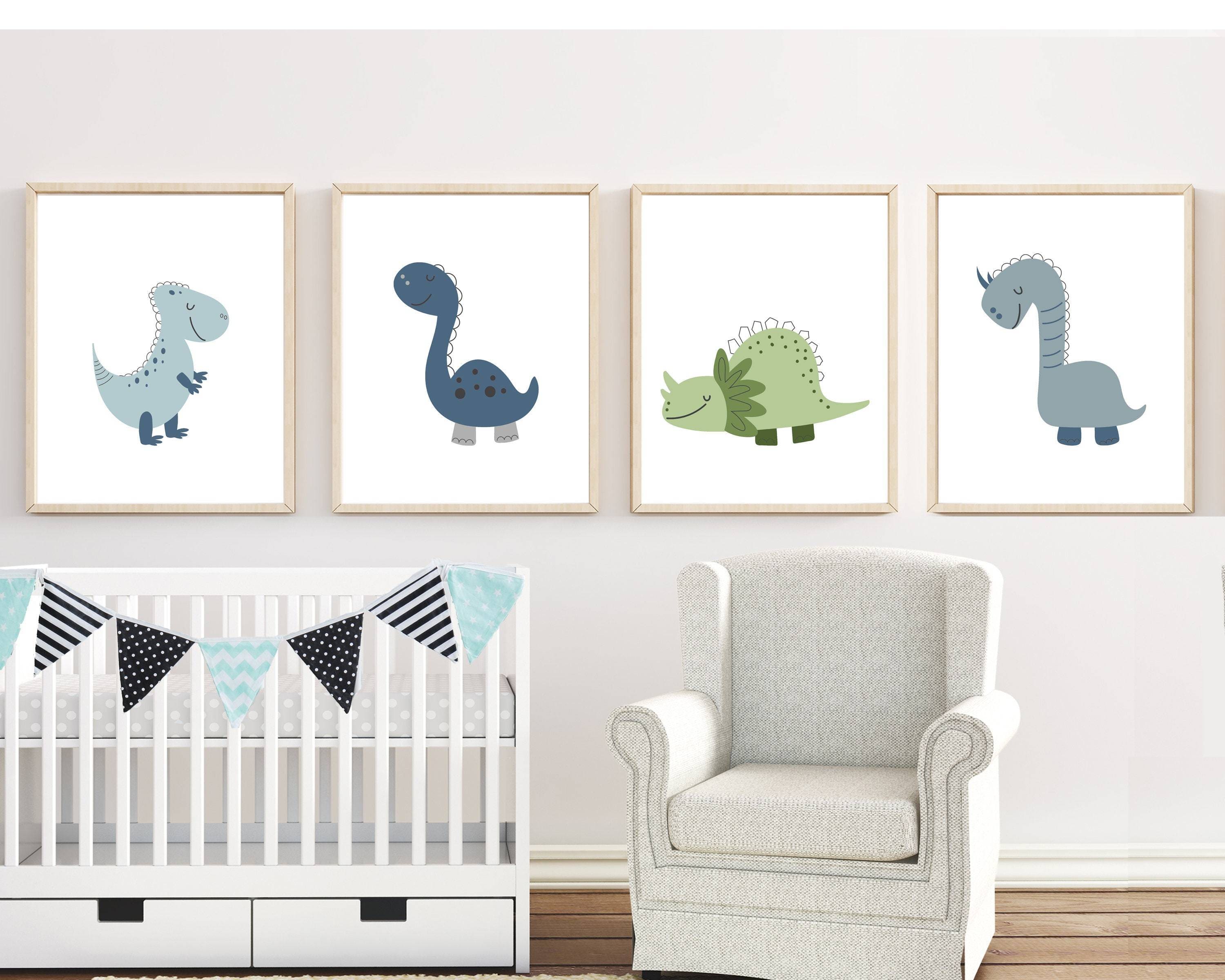 nursery art print baby nursery bedroom decor Dinosaur art printables, dinosaur decor, green and blue, dinosaur nursery art, Set of 4 prints- Printable dinosaur wall art -  H1515