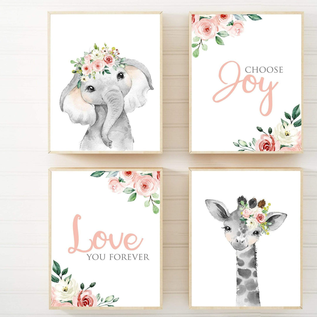 Elephant giraffe nursery - Blush pink nursery print - Baby girl nursery art - Baby animal prints - Pink rose flower - Animal flower crown nursery art print baby nursery bedroom decor