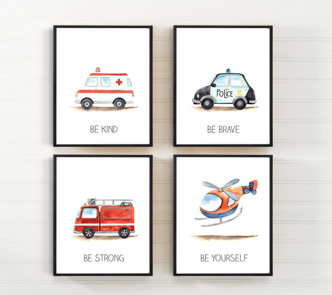 Emergency vehicle prints - Boys room decor - Fire truck nursery decor - Ambulance poster - Police car wall art - Transportation wall art nursery art print baby nursery bedroom decor