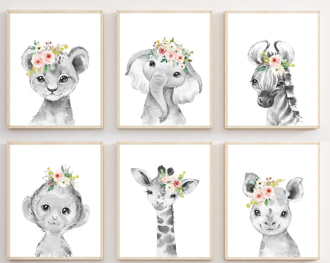 Floral safari animals - Animal nursery prints - Baby girl nursery decor -  Black and white nursery prints - safari nursery decor- printable nursery art print baby nursery bedroom decor