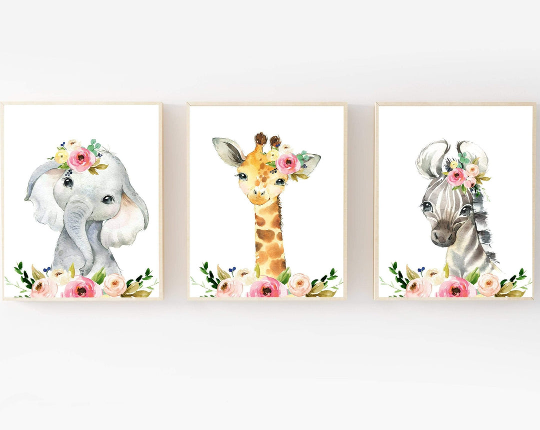 Floral safari animals nursery decor - Floral crown - Girls bedroom wall art - Flower crown animal prints - Baby girl gift - Girls printable nursery art print baby nursery bedroom decor
