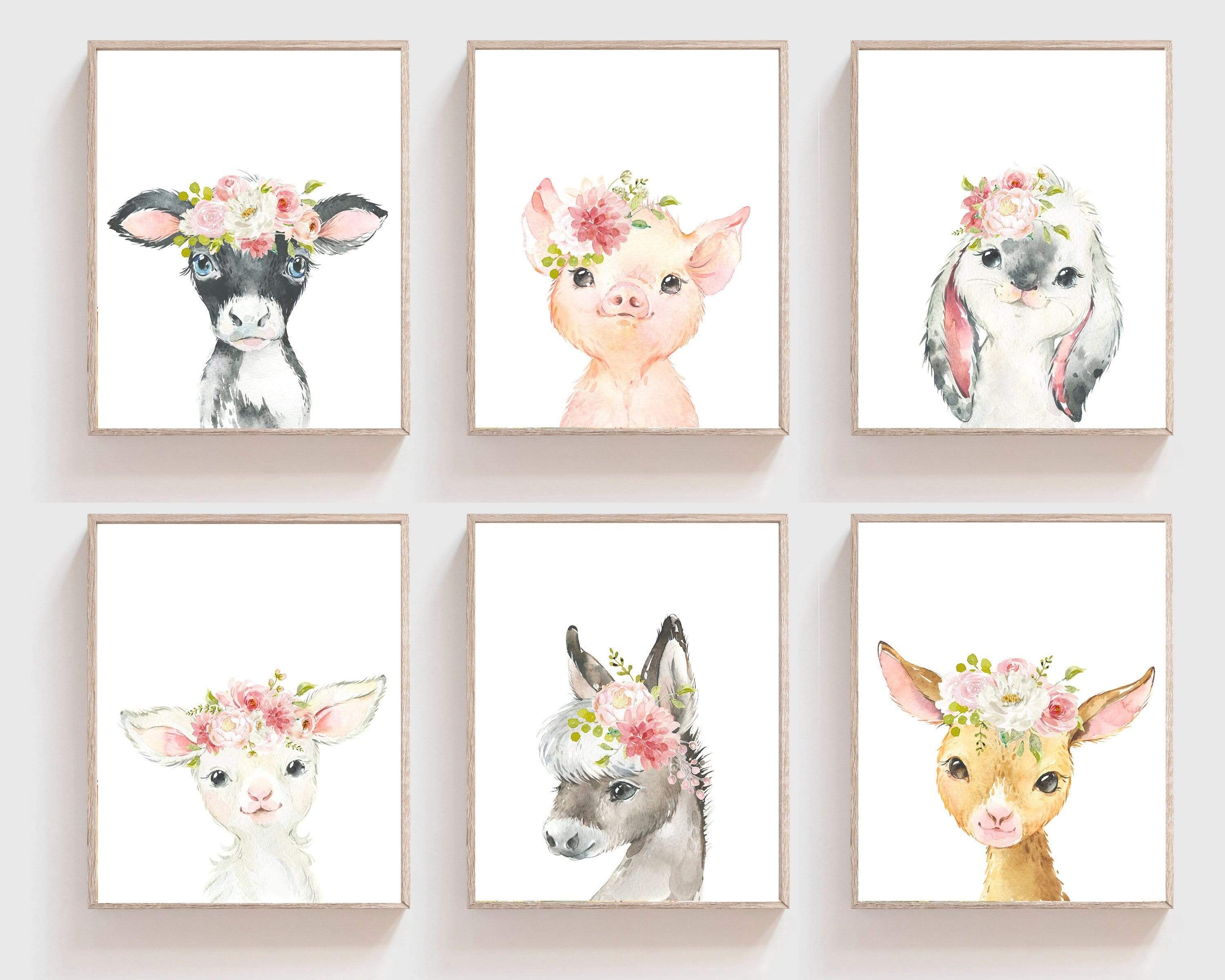 Girl farm animal nursery - Farm nursery decor - Farm animal prints - Pink blush flowers - Printable animal art - Flower crown animals nursery art print baby nursery bedroom decor