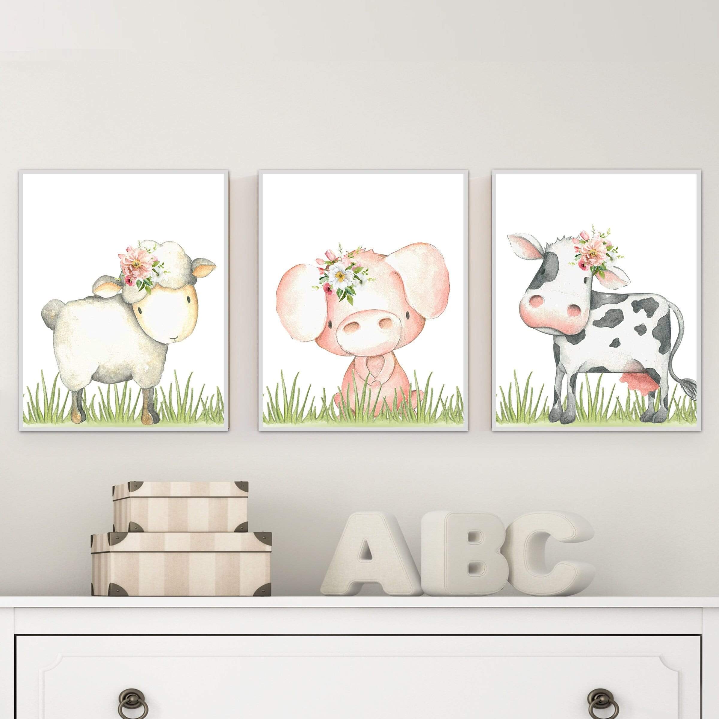 Girl farm nursery decor - Girl nursery wall art - Farm animal prints - Printable farm animals - Flower crown animals - Nursery animals nursery art print baby nursery bedroom decor