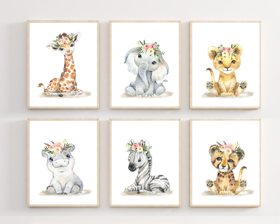 nursery art print baby nursery bedroom decor Girl safari nursery - Nursery decor - Baby girl nursery art - Floral safari animals - Nursery art prints - Baby girl nursery decor - H2746